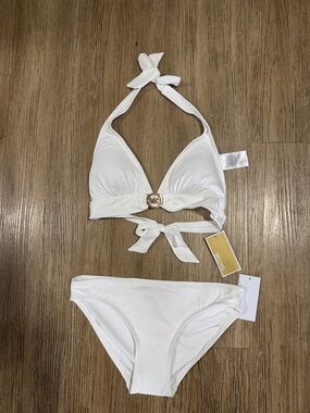 New Michael Kors White Halter Bikini with Gold Logo Accent size S